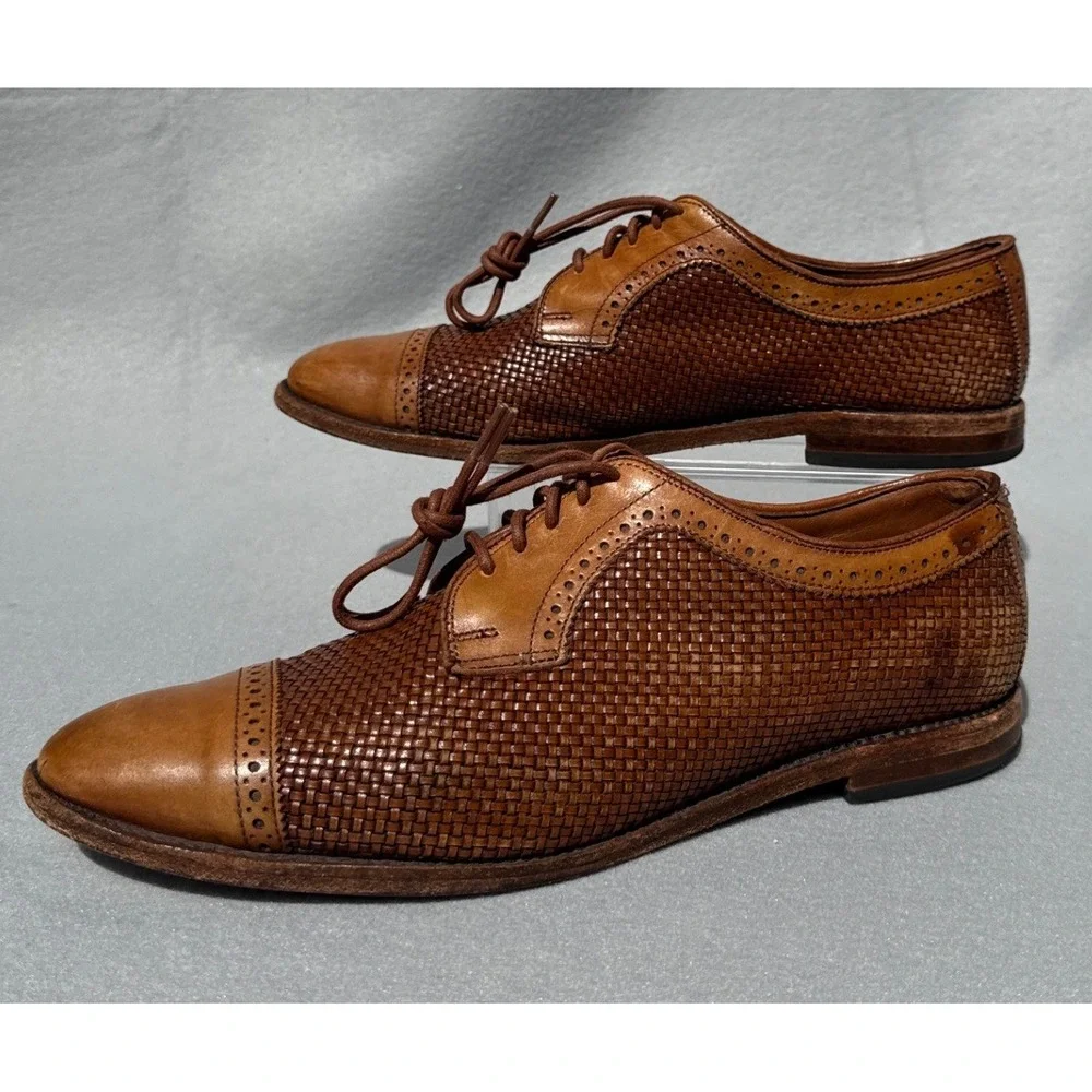 Allen Edmonds Shreveport Shoes Mens 12 D Tan Good Woven Leather Cap Toe Oxford